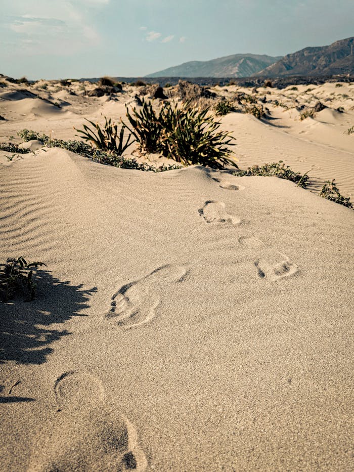 Footprints trail across a tranquil sandy beach in Crete, Greece, under a bright sunset sky.